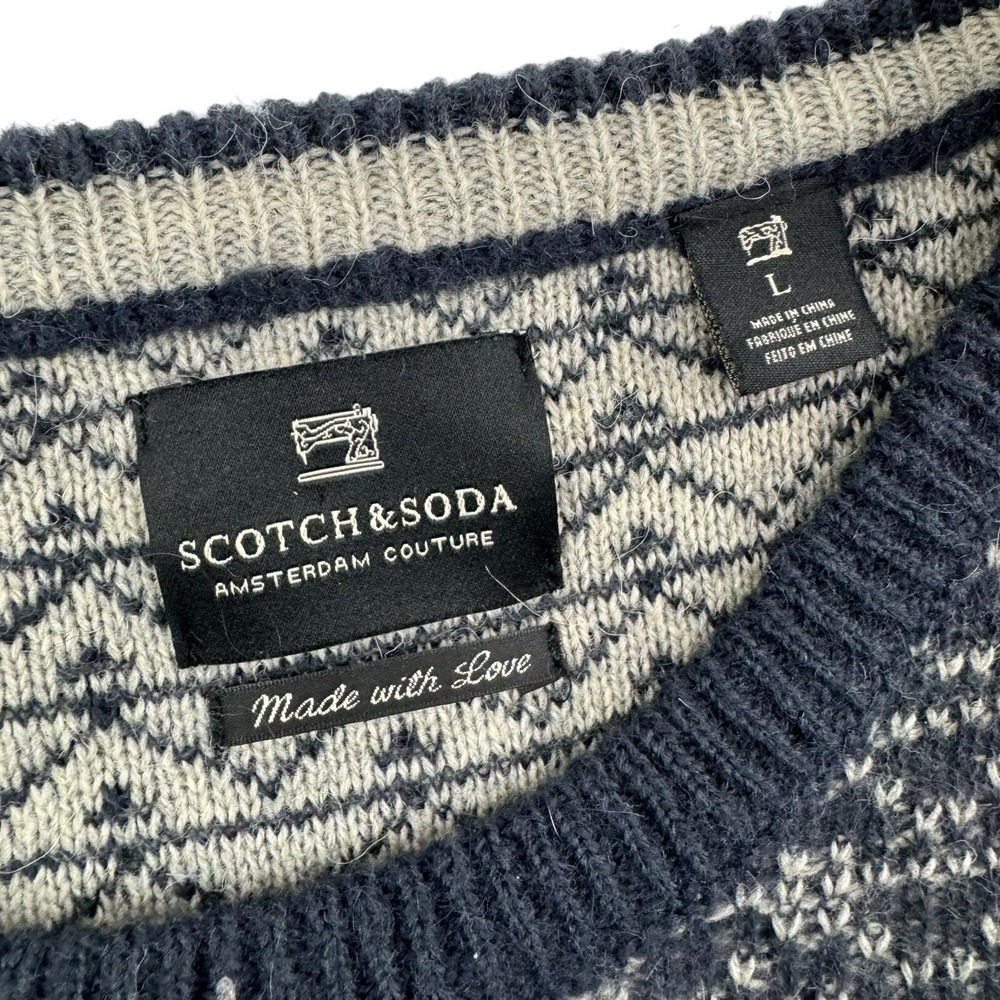 Scotch & Soda Blue w/ White Geometic Design Crewneck Wool Blend Sweater Size L - Picture 3 of 5